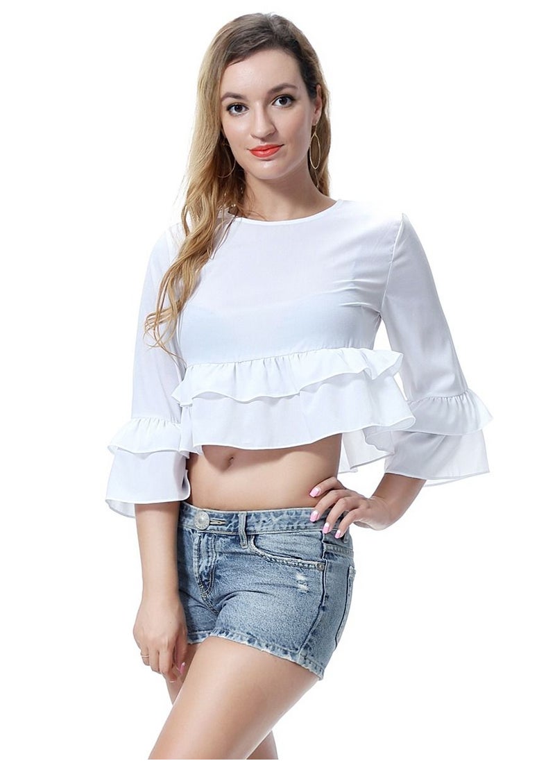 Loquat - Women's Solid Color Round Neck Top Loose Ruffled Blouse White - Image 1