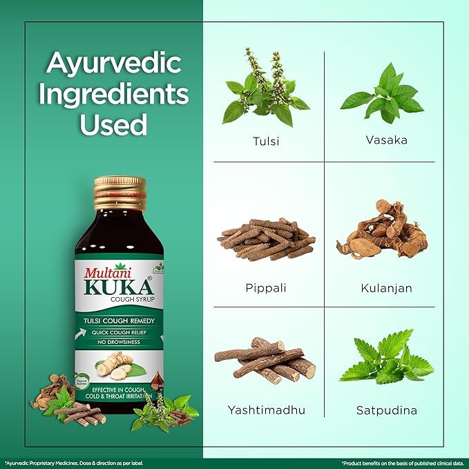 Multani Kuka Cough Syrup | Pack of 2 (200ml each) | Get Ayurvedic Relief Cough, Cold, and Throat Irritation. | For All Types Of Cold & Cough | Cough Syrup for Dry Cough | Goodness Of Tulsi, Pippali, Satpudina & Other Herbs - Image 2