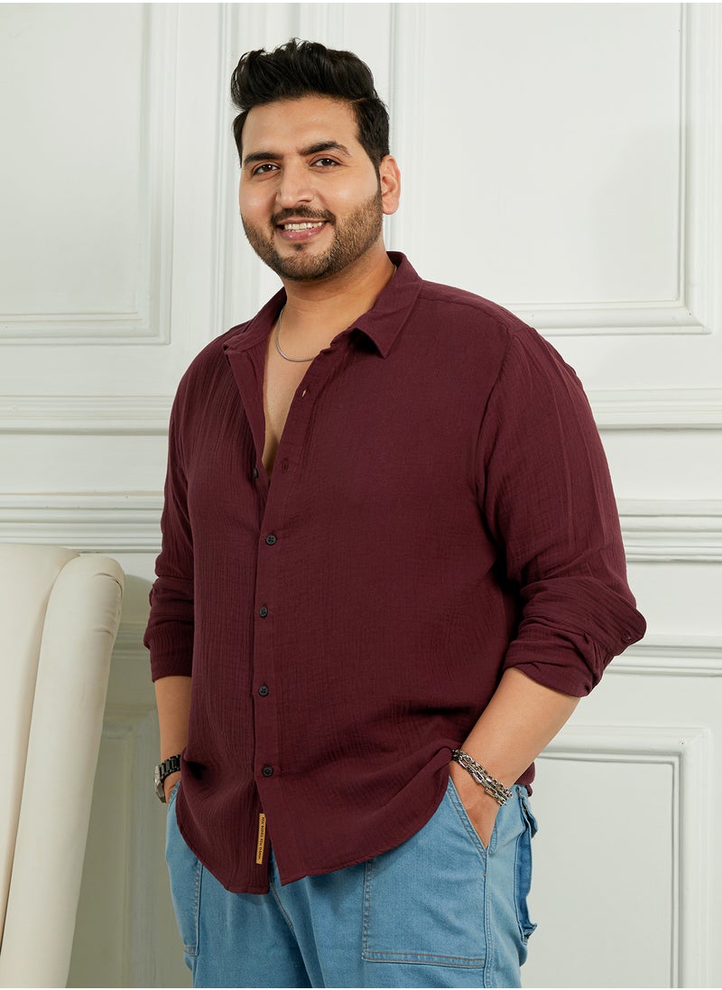 Instafab Plus Instafab Plus Men's Wine Red Breezy-Weave Shirt For Casual Wear | Spread Collar | Long Cuffed Sleeves | Button Closure | Plus Size Shirt Crafted With Comfort Fit For Everyday Wear  - Image 3