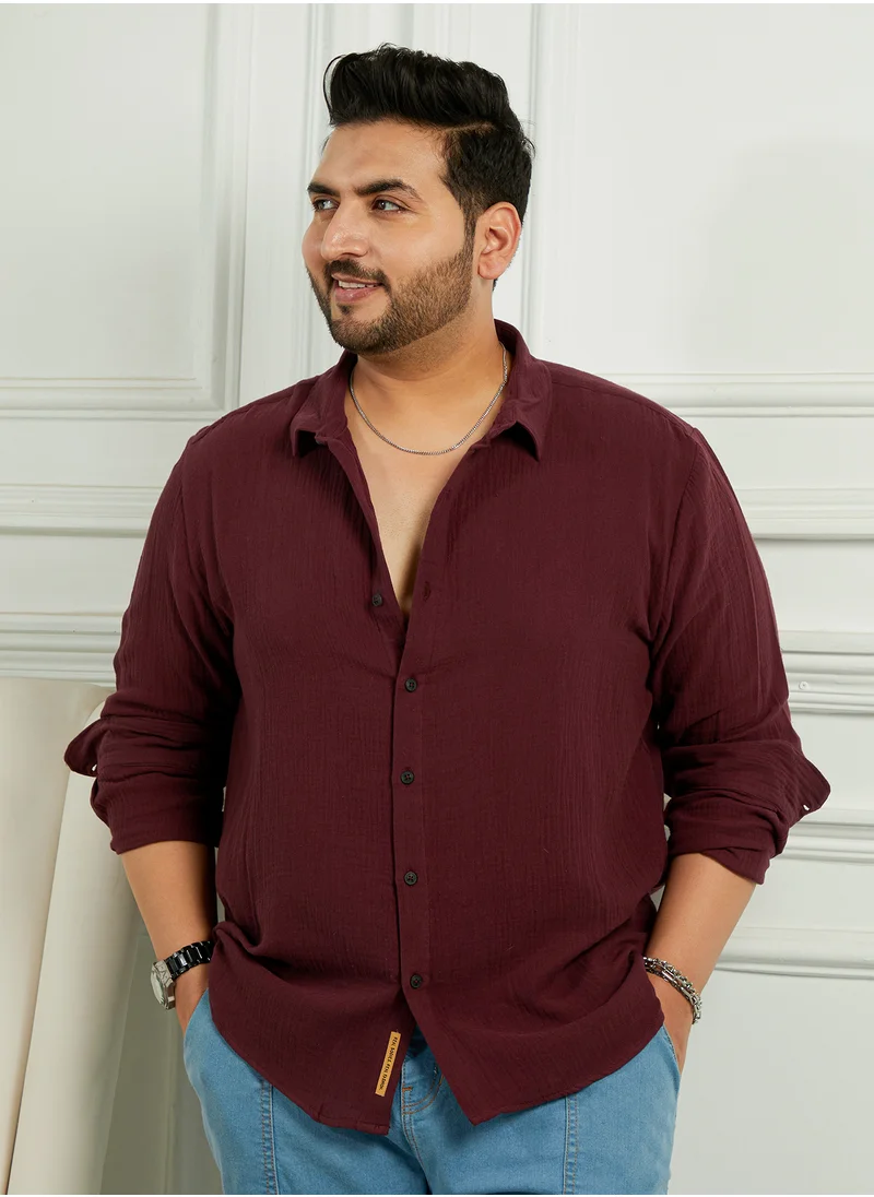 انستافاب بلس Instafab Plus Men's Wine Red Breezy-Weave Shirt For Casual Wear | Spread Collar | Long Cuffed Sleeves | Button Closure | Plus Size Shirt Crafted With Comfort Fit For Everyday Wear
