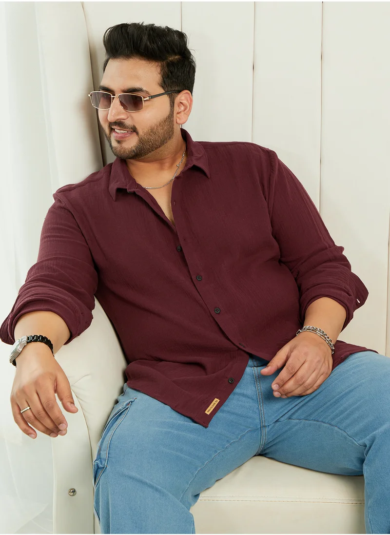 انستافاب بلس Instafab Plus Men's Wine Red Breezy-Weave Shirt For Casual Wear | Spread Collar | Long Cuffed Sleeves | Button Closure | Plus Size Shirt Crafted With Comfort Fit For Everyday Wear