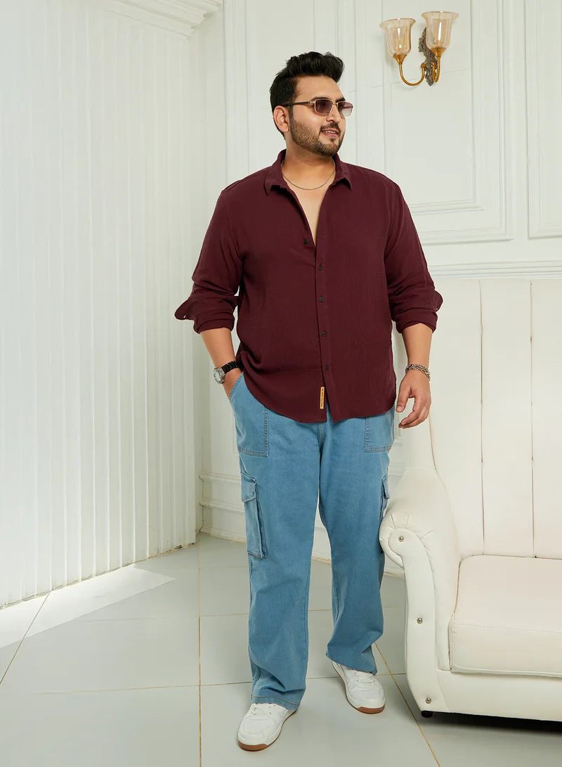 Instafab Plus Instafab Plus Men's Wine Red Breezy-Weave Shirt For Casual Wear | Spread Collar | Long Cuffed Sleeves | Button Closure | Plus Size Shirt Crafted With Comfort Fit For Everyday Wear