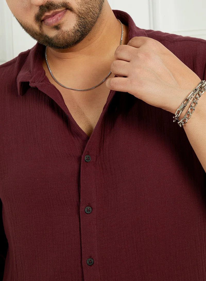 Instafab Plus Instafab Plus Men's Wine Red Breezy-Weave Shirt For Casual Wear | Spread Collar | Long Cuffed Sleeves | Button Closure | Plus Size Shirt Crafted With Comfort Fit For Everyday Wear