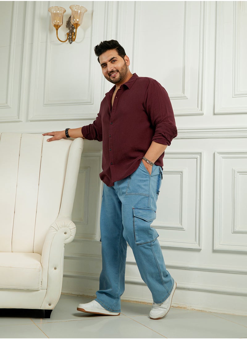 Instafab Plus Instafab Plus Men's Wine Red Breezy-Weave Shirt For Casual Wear | Spread Collar | Long Cuffed Sleeves | Button Closure | Plus Size Shirt Crafted With Comfort Fit For Everyday Wear  - Image 5
