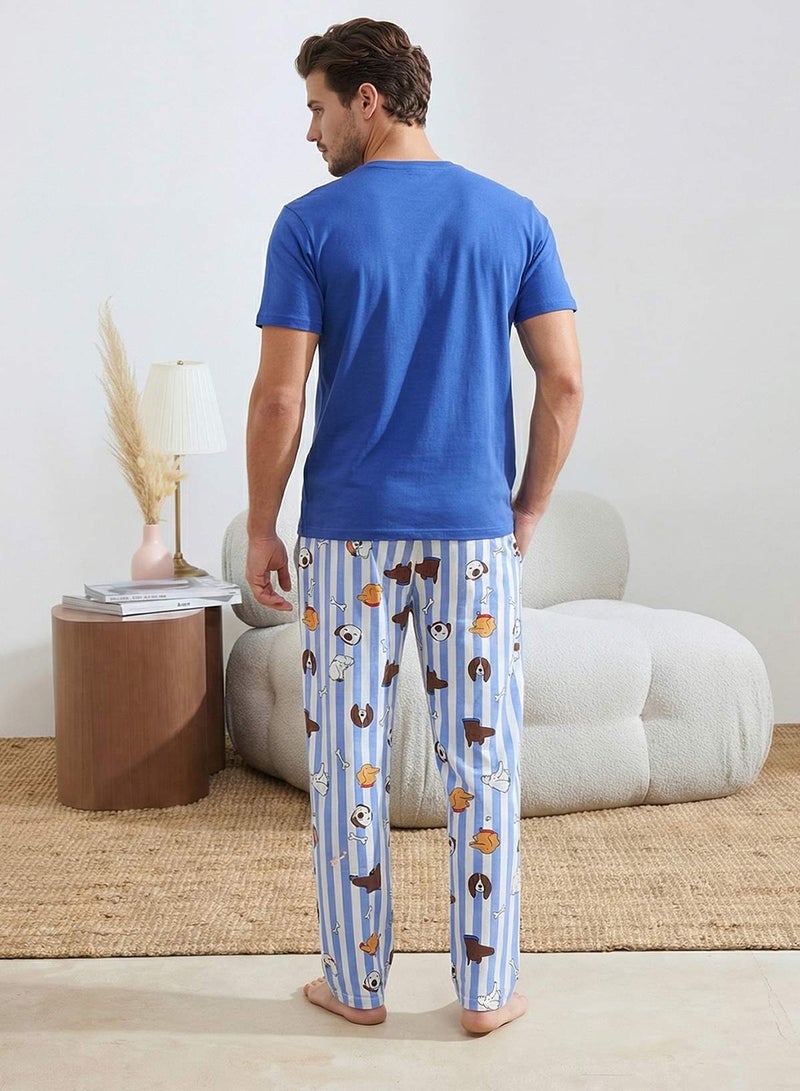 trendyol Blue Regular/Normal Fit Short Sleeve Cotton Animal Print Pajama Set Tmnss26Pt00004 - Image 3