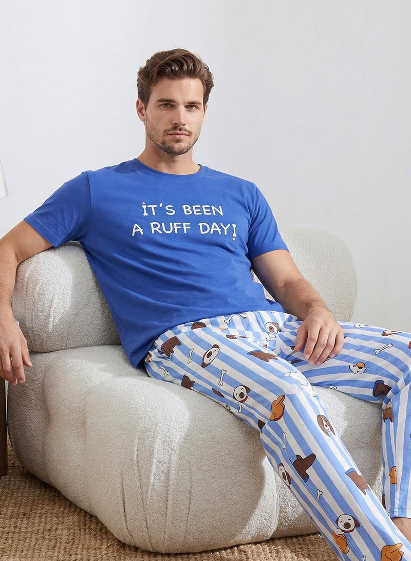 trendyol Blue Regular/Normal Fit Short Sleeve Cotton Animal Print Pajama Set Tmnss26Pt00004 - Image 1