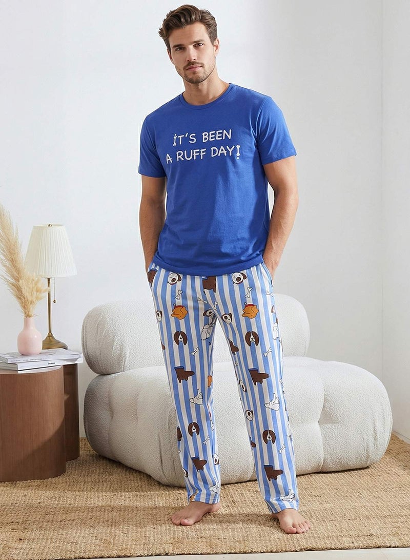 trendyol Blue Regular/Normal Fit Short Sleeve Cotton Animal Print Pajama Set Tmnss26Pt00004 - Image 2