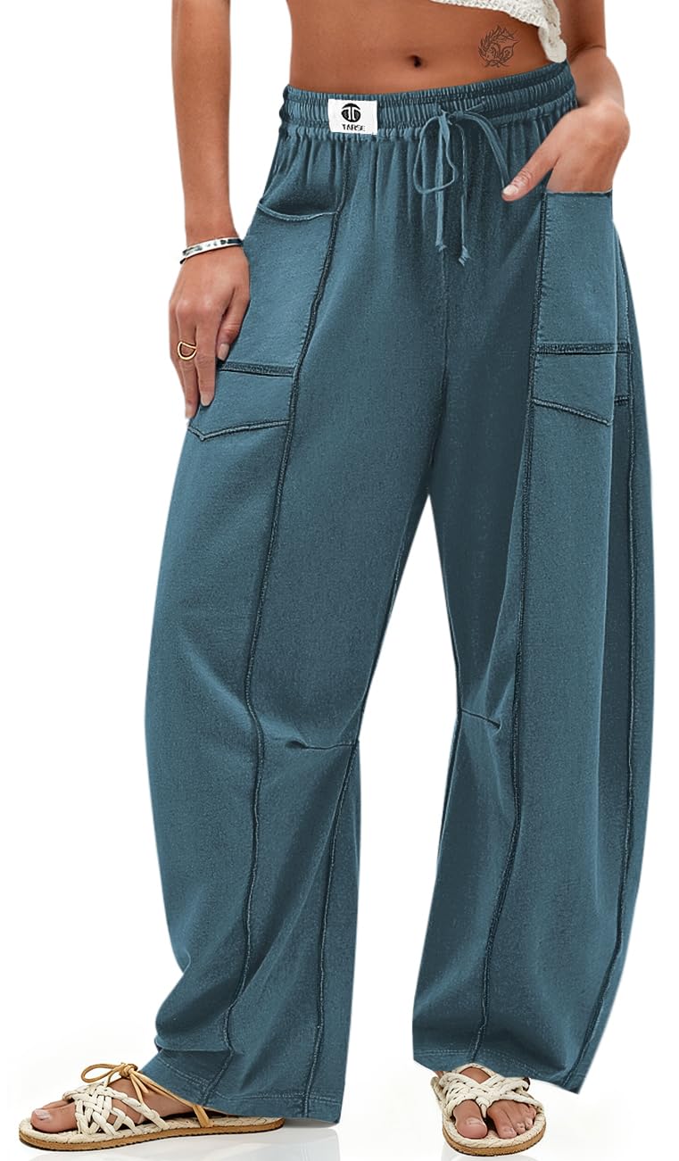 TARSE Womens Barrel Linen Pants High Waisted Harem Casual Loose Fit Wide Leg Baggy Drawstring Pants with Pockets(Lakeblue, M) - Image 1