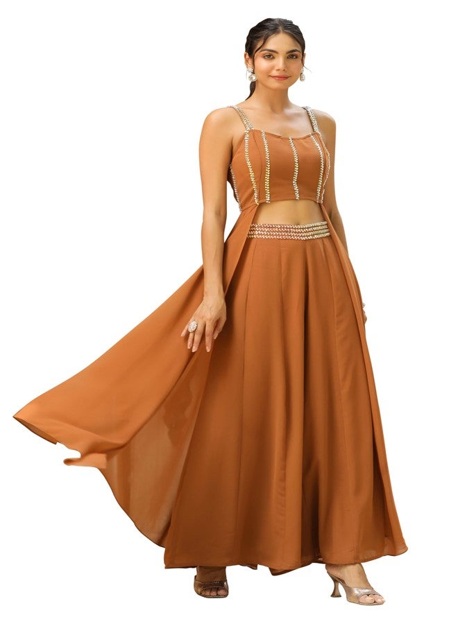 Janasya Women's Brown Georgette Embellished Flared Co-Ord Set (JAB24CD00567-A-S) - Image 1