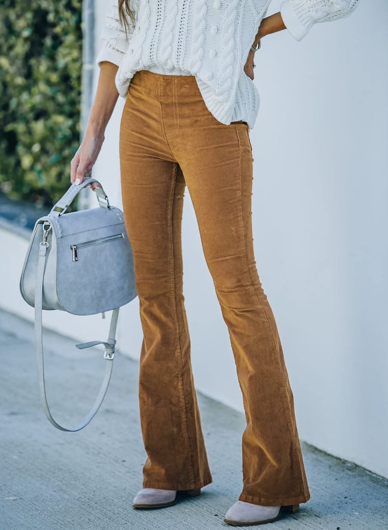 Sidefeel Women's Corduroy Flare Pants Elastic Waist Bell Bottom Trousers Small Khaki - Image 2