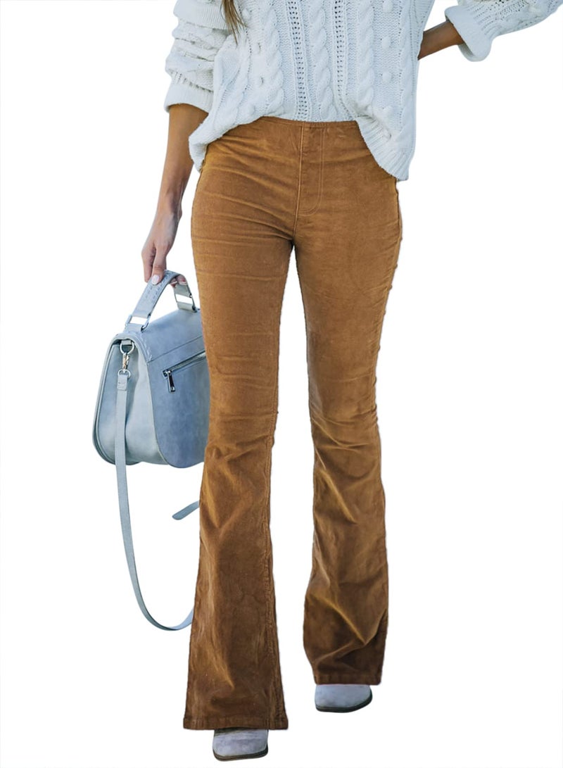 Sidefeel Women's Corduroy Flare Pants Elastic Waist Bell Bottom Trousers Small Khaki - Image 1