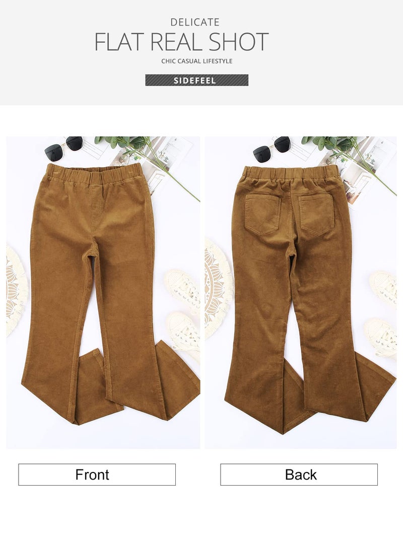 Sidefeel Women's Corduroy Flare Pants Elastic Waist Bell Bottom Trousers Small Khaki - Image 4