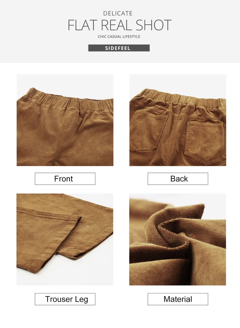 Sidefeel Women's Corduroy Flare Pants Elastic Waist Bell Bottom Trousers Small Khaki - Image 5