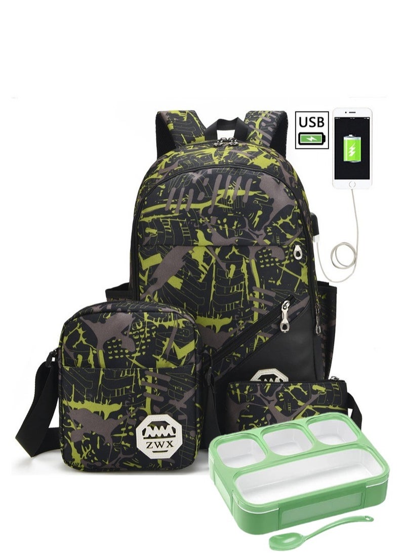 ZWX 4-Piece Back To School USB Student Backpack And Large Lunchbox With Spoon - Image 1