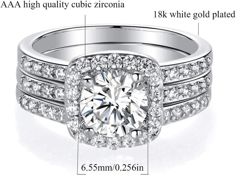 MDFUN 18K White Gold Plated Cubic Zirconia Three-in-One Halo Wedding Engagement Promise Eternity Ring for Women - Image 3