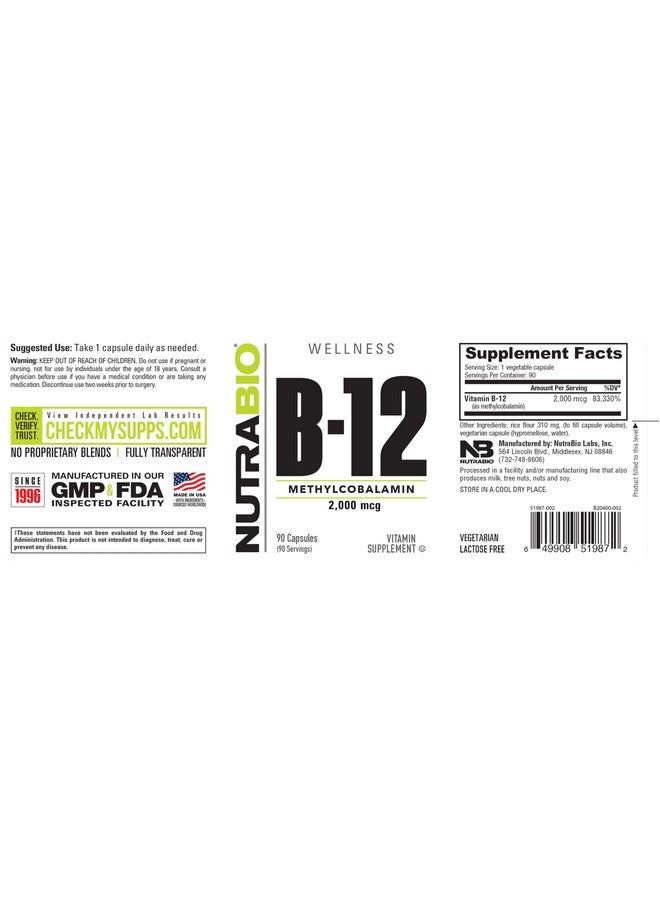 NutraBio مكمل فيتامين نوترا بايو ميثيل ب-12، 2000 ميكروغرام - يعزز صحة الخلايا والعافية، 90 كبسولة نباتية - Image 3