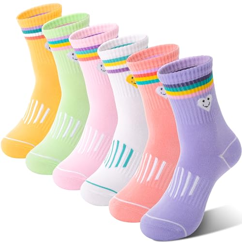 Sandsuced Kids Girls Socks Athletic Sport Basketball Youth Cotton Crew Soft Colorful Heart Gift Outdoor Socks 6 Pairs Stocking Stuffers(Colorful Stripes Face,9-15 Years) - Image 1