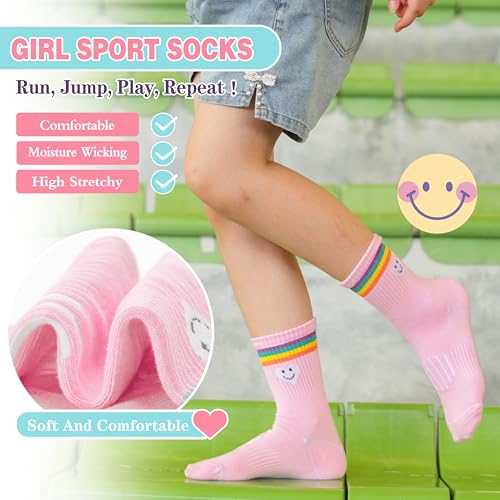 Sandsuced Kids Girls Socks Athletic Sport Basketball Youth Cotton Crew Soft Colorful Heart Gift Outdoor Socks 6 Pairs Stocking Stuffers(Colorful Stripes Face,9-15 Years) - Image 4