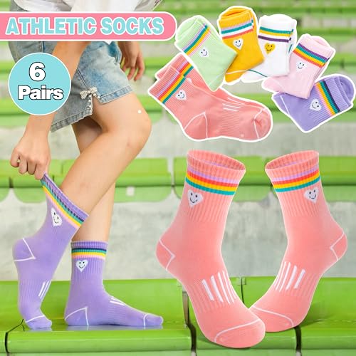 Sandsuced Kids Girls Socks Athletic Sport Basketball Youth Cotton Crew Soft Colorful Heart Gift Outdoor Socks 6 Pairs Stocking Stuffers(Colorful Stripes Face,9-15 Years) - Image 5