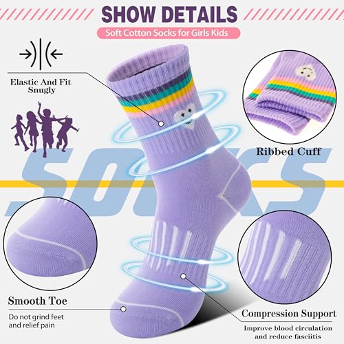 Sandsuced Kids Girls Socks Athletic Sport Basketball Youth Cotton Crew Soft Colorful Heart Gift Outdoor Socks 6 Pairs Stocking Stuffers(Colorful Stripes Face,9-15 Years) - Image 2