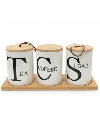 AKDC PureStore 3-Piece White Ceramic Canister Storage Set with Wooden Base & Lid Modern Kitchen Organizer 28×8cm