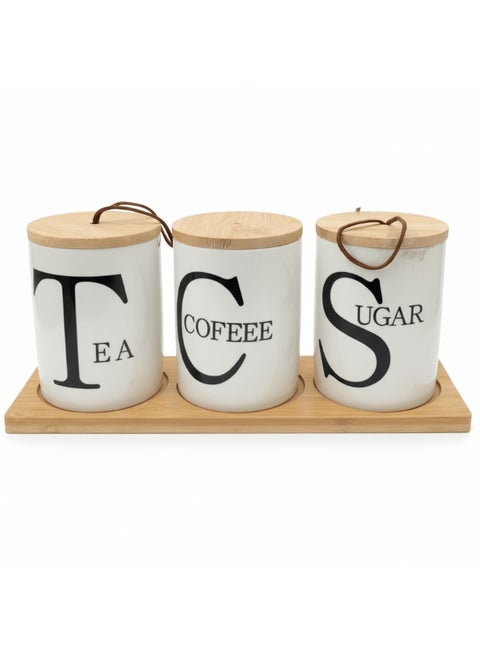 AKDC PureStore 3-Piece White Ceramic Canister Storage Set with Wooden Base & Lid Modern Kitchen Organizer 28×8cm