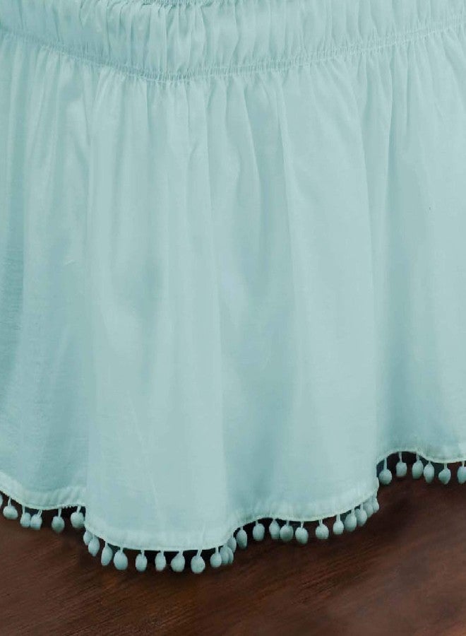 EASY FIT Pom Pom Elastic Wrap Around Bed Skirt, Easy On/Off Dust Ruffle (18 Inch Drop), Twin/Full, Blue - Image 2