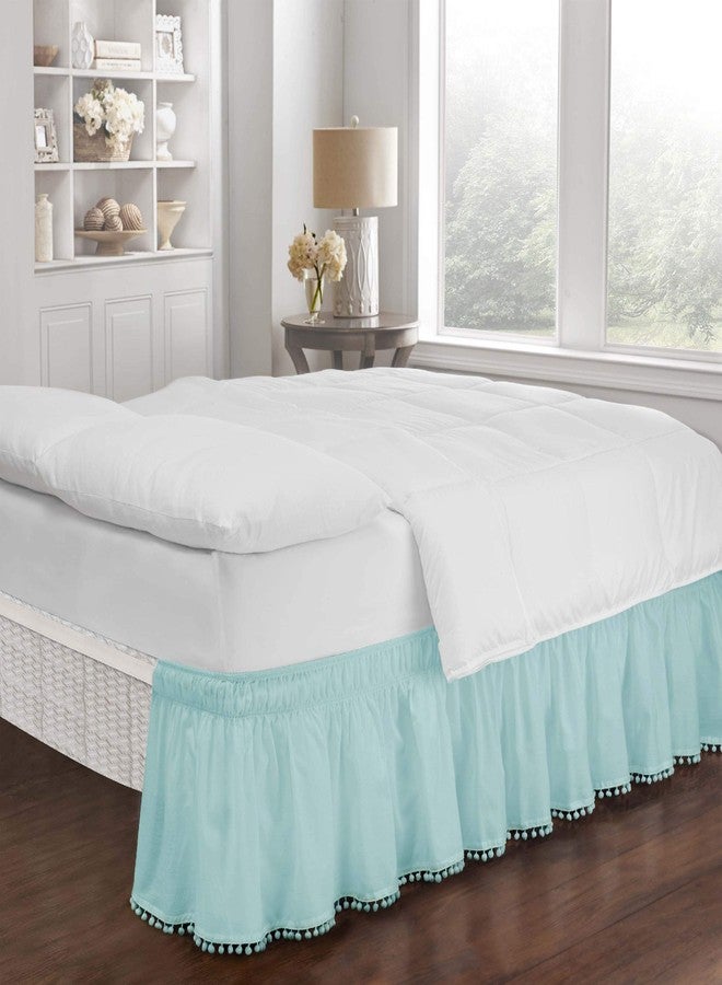 EASY FIT Pom Pom Elastic Wrap Around Bed Skirt, Easy On/Off Dust Ruffle (18 Inch Drop), Twin/Full, Blue - Image 1