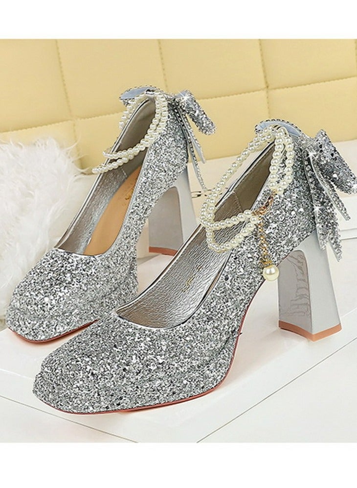 بيج تري المرأة لامعة الباعثات منصة شانكي الكعب العالي مربع مغلق إصبع القدم مضخات الفضة 9CM - Image 1