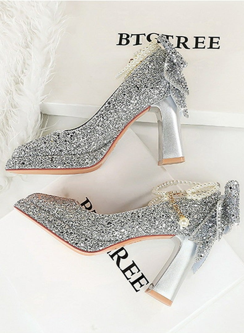 بيج تري المرأة لامعة الباعثات منصة شانكي الكعب العالي مربع مغلق إصبع القدم مضخات الفضة 9CM - Image 3