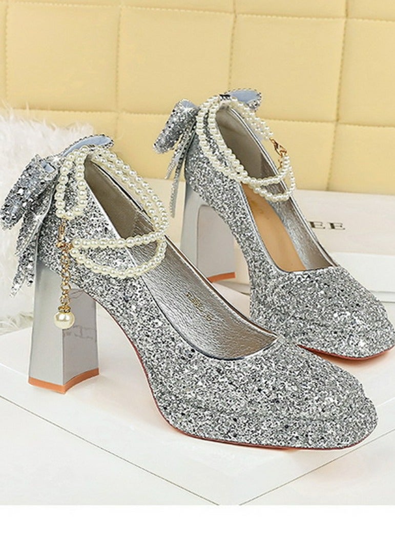 بيج تري المرأة لامعة الباعثات منصة شانكي الكعب العالي مربع مغلق إصبع القدم مضخات الفضة 9CM - Image 2