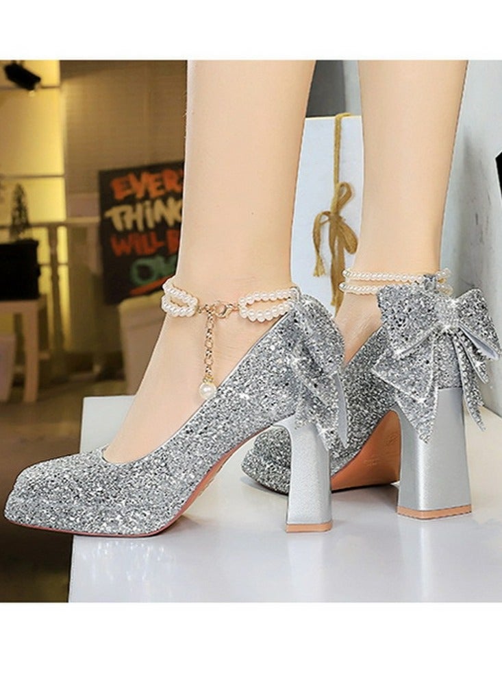 بيج تري المرأة لامعة الباعثات منصة شانكي الكعب العالي مربع مغلق إصبع القدم مضخات الفضة 9CM - Image 5