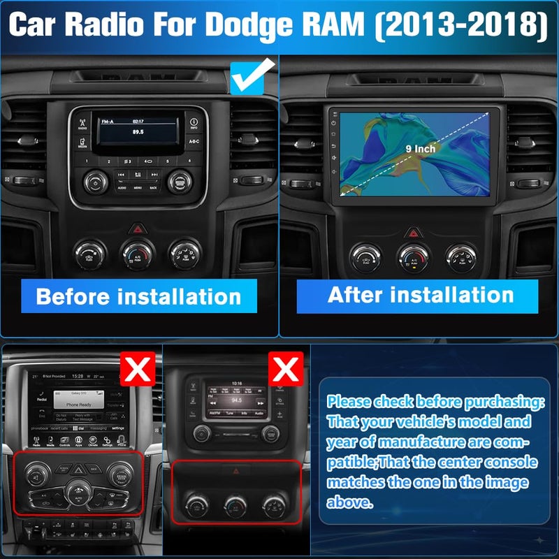 Pyniro Android [2GB+64GB] Car Radio Stereo Upgrade for Dodge RAM 1500/2500/3500 2013-2018, Head Unit with 9 Inch Touch Screen/Backup Camera/Wireless CarPlay & Android Auto/Mirroring/Wi-Fi/Bluetooth/FM - Image 3