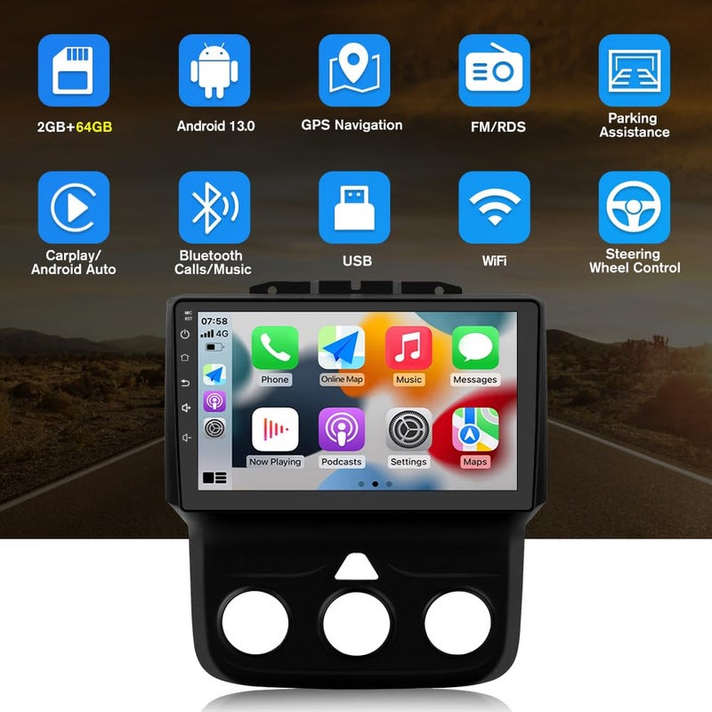 Pyniro Android [2GB+64GB] Car Radio Stereo Upgrade for Dodge RAM 1500/2500/3500 2013-2018, Head Unit with 9 Inch Touch Screen/Backup Camera/Wireless CarPlay & Android Auto/Mirroring/Wi-Fi/Bluetooth/FM - Image 2