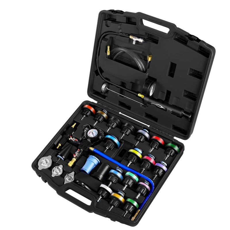 JIFETOR Radiator Coolant Pressure Tester Vacuum Refill Tool Kit 28PCS Automotive Cooling System Leak Test and Pneumatic Purge Fill Set with Testing Adapter Caps Universal for Airlift Car Auto Truck
