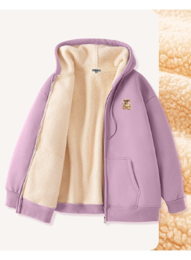 Flying in the snow Heavyweight Faux Shearling Cardigan Sweatshirt For Women, Autumn/winter Fleece-lined Design, Korean-style Minimalist Loose-fit Jacket For Petite Figures - Image 1