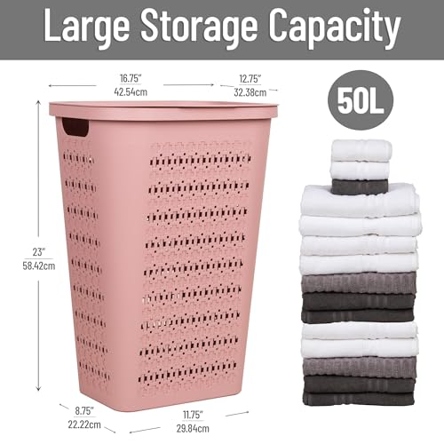 Mind Reader Slim Tapered Laundry Hamper with Lid, Clothes Basket with Swiss Cross Cut-Outs, Lightweight & Ventilated, Plastic, 16.75"L x 12.75"W x 23"H, Pink - Image 3
