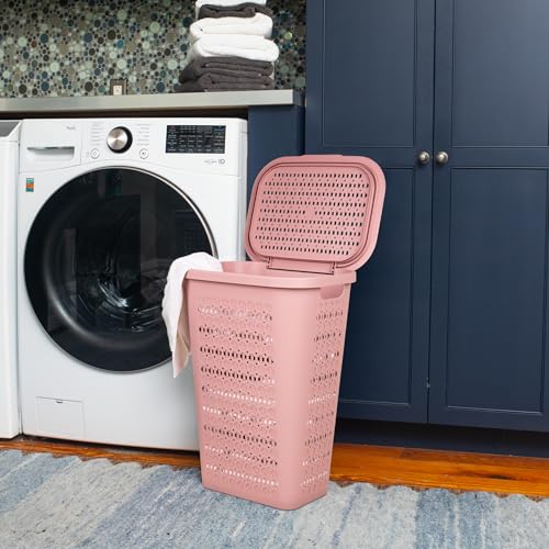 Mind Reader Slim Tapered Laundry Hamper with Lid, Clothes Basket with Swiss Cross Cut-Outs, Lightweight & Ventilated, Plastic, 16.75"L x 12.75"W x 23"H, Pink - Image 2