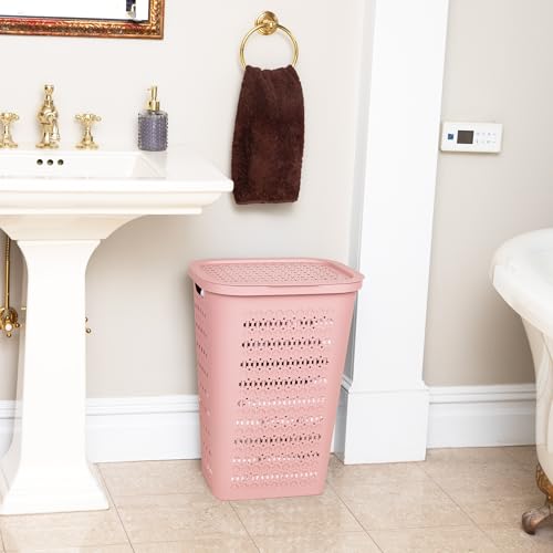 Mind Reader Slim Tapered Laundry Hamper with Lid, Clothes Basket with Swiss Cross Cut-Outs, Lightweight & Ventilated, Plastic, 16.75"L x 12.75"W x 23"H, Pink - Image 5