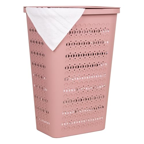 Mind Reader Slim Tapered Laundry Hamper with Lid, Clothes Basket with Swiss Cross Cut-Outs, Lightweight & Ventilated, Plastic, 16.75"L x 12.75"W x 23"H, Pink - Image 1