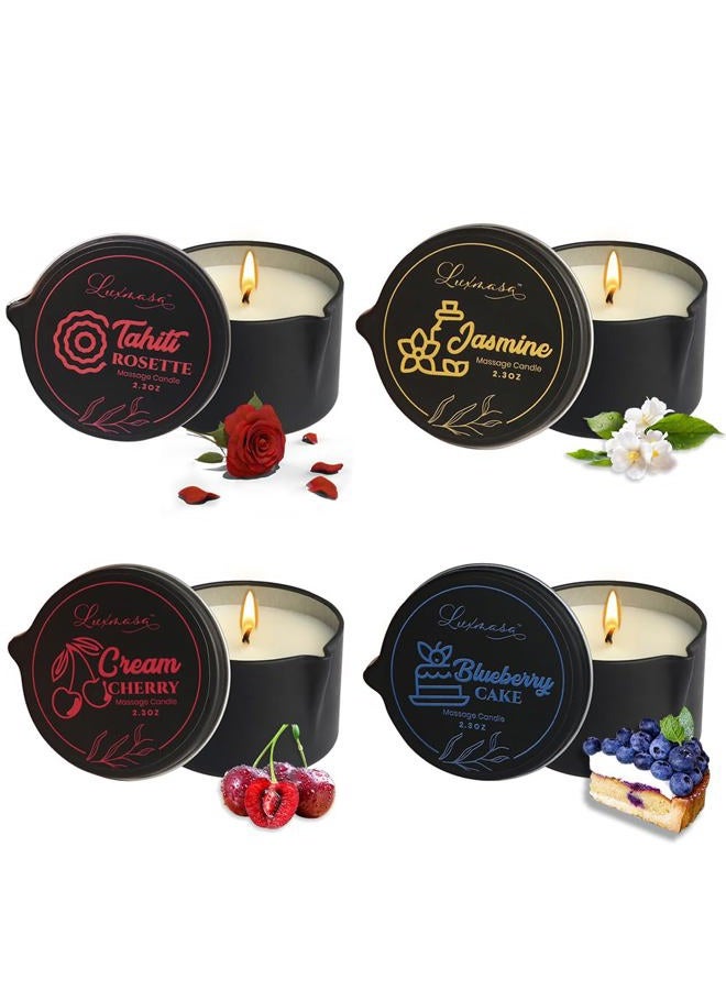 LUXMASA All Natural Scented Home Relaxing Massage Candle Oil Wax for Skin Care, Essential Oil Infused SPA Candle Pack of 4-9.4OZ(2.35OZ*4)-Tahiti,Jasmine,Cream Cherry, Blueberry Cake - Image 1