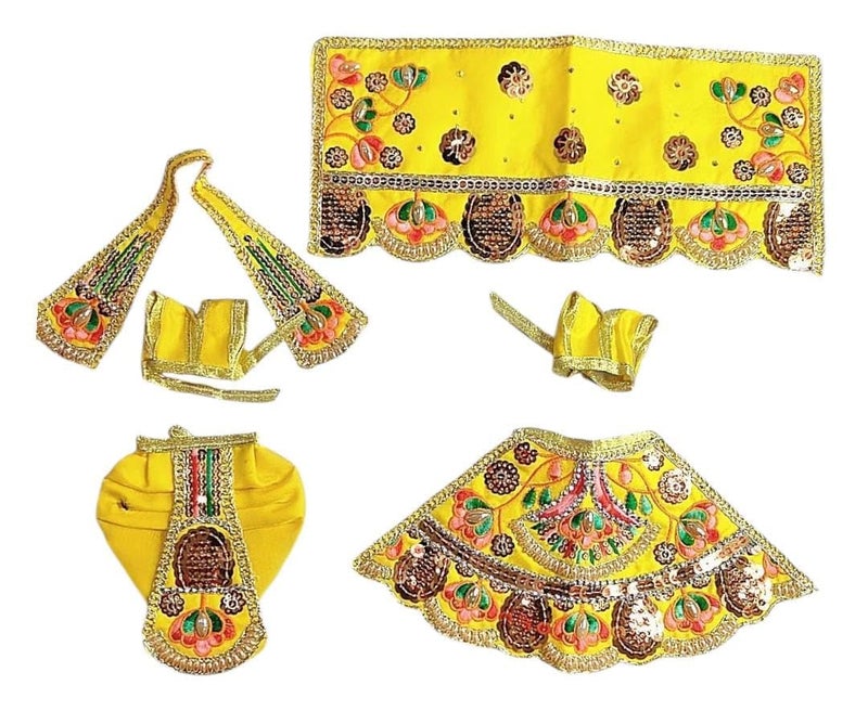 Partish Radha Krishna Dress | Poshak for Yugal Jodi | Radhe Krishna Ji Poshak with Heavy Work (Yellow, Dress Size 4 Inches for 6 & 7 Inches Murti) - Image 1