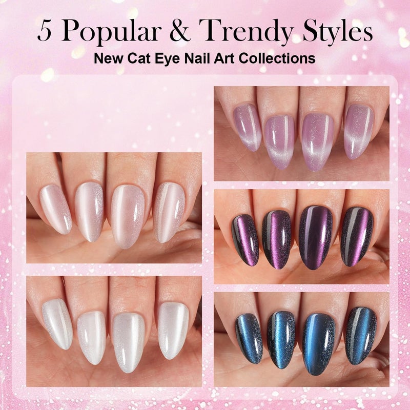 Vansiho 300Pcs Cat Eye Press on Nails, Glossy Glitter Cat Eye Designs Nail Tips for Women, Medium Almond Soft Gel Fake Nails, for Women and Girls Glossy Reusable Nail Tips in 15 Sizes - Image 3