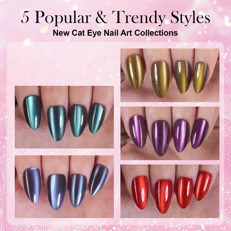 Vansiho 300Pcs Cat Eye Press on Nails, Glossy Glitter Cat Eye Designs Nail Tips for Women, Medium Almond Soft Gel Fake Nails, for Women and Girls Glossy Reusable Nail Tips in 15 Sizes - Image 2