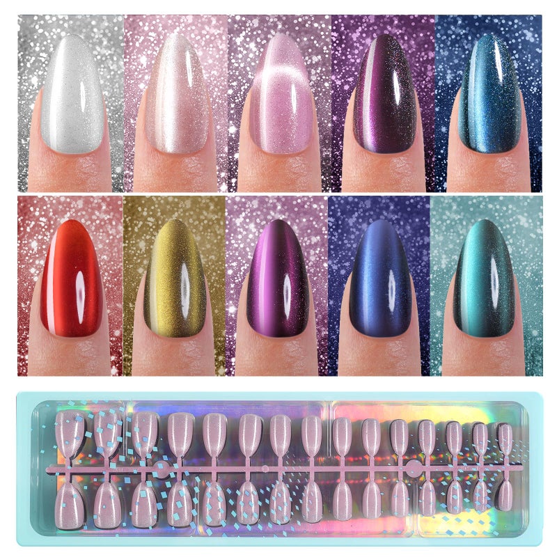 Vansiho 300Pcs Cat Eye Press on Nails, Glossy Glitter Cat Eye Designs Nail Tips for Women, Medium Almond Soft Gel Fake Nails, for Women and Girls Glossy Reusable Nail Tips in 15 Sizes - Image 1