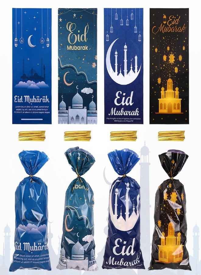 Hying 100 PCS Eid Mubarak Cellophane Bags with Twist Ties for Gift, Muslim Ramadan Cello Bag Eid Mubarak Castle Candy Bags Festival Moon Star Treat Bags for Cookie Candy Goodies Wrapping Supplies - Image 1