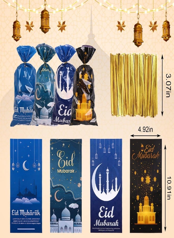 Hying 100 PCS Eid Mubarak Cellophane Bags with Twist Ties for Gift, Muslim Ramadan Cello Bag Eid Mubarak Castle Candy Bags Festival Moon Star Treat Bags for Cookie Candy Goodies Wrapping Supplies - Image 2
