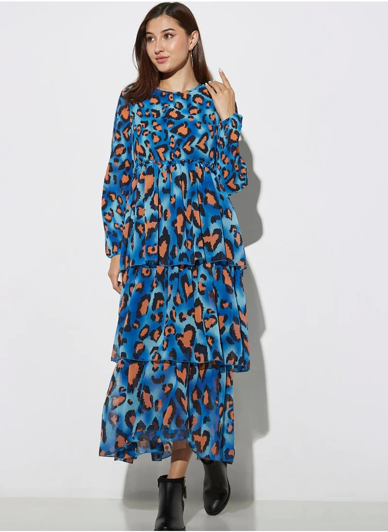 2Xtremz Crew Neck Printed Tiered Dress