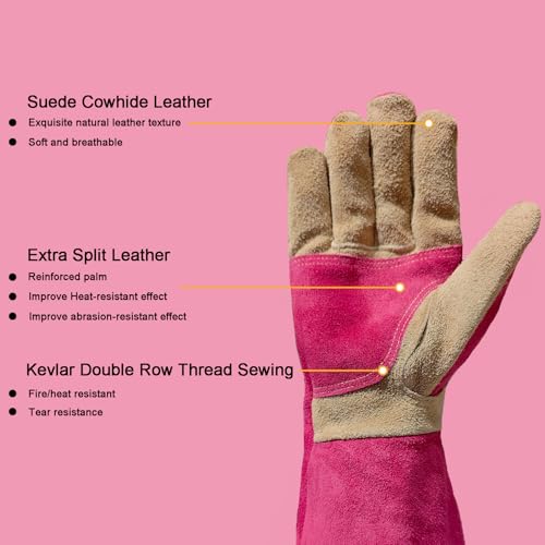 AOUCHI Long Gardening Gloves for Women, Leather Rose Pruning Gloves, Heat Resistant Durable Work Gloves for Yard Work, Welding, BBQ, Cooking, Fireplace and Chainsaw (Pink, Small) - Image 4