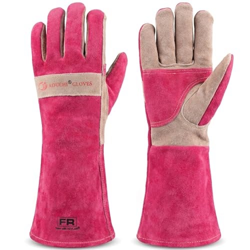 AOUCHI Long Gardening Gloves for Women, Leather Rose Pruning Gloves, Heat Resistant Durable Work Gloves for Yard Work, Welding, BBQ, Cooking, Fireplace and Chainsaw (Pink, Small) - Image 1